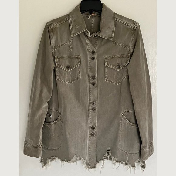 Free People Moonchild Distressed Oversized Denim Olive Green Jacket Shacket Sz S - Picture 2 of 11